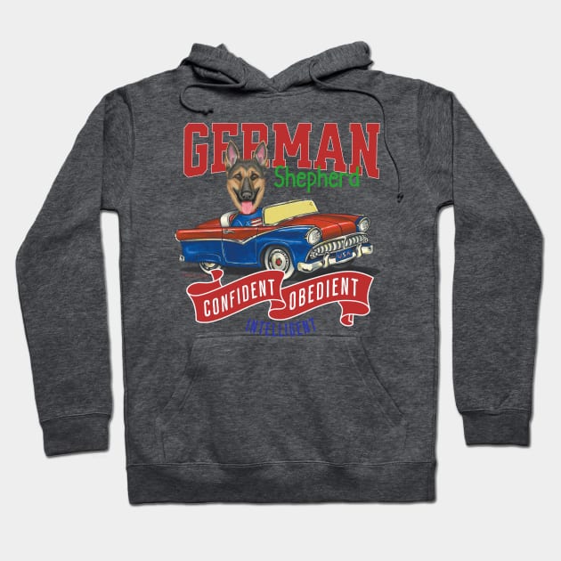 Humor funny and cute German Shepherd dog driving a classic vintage car with red white and blue flags with dog's personality Hoodie by Danny Gordon Art